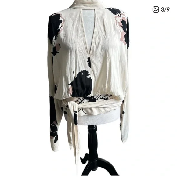 Free People Black and White Floral Wrap Blouse - Picture 3 of 9